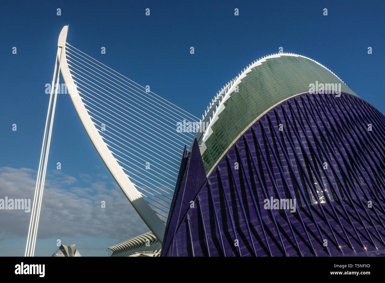 Valencia Spain Modern Architecture by Calatrava, contemporary buildings Agora, Bridge Puente de l'Assut de l'Or Valencia City of Arts and Sciences sky Stock Photo