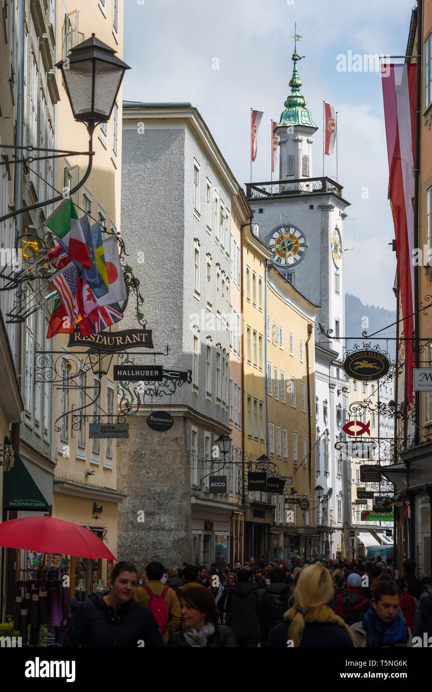 Altstadt Salzburg, view of the Getreidegasse - the longest and busiest street in the Old Town (Altstadt) area of Salzburg, Austria. Stock Photo