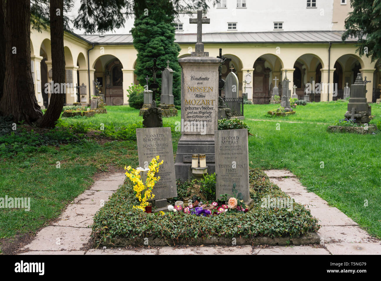 View of the Mozart family grave sited in the cemetery of the Church of St Sebastian (Sebastianskirche) in Salzburg, Austria. Stock Photo