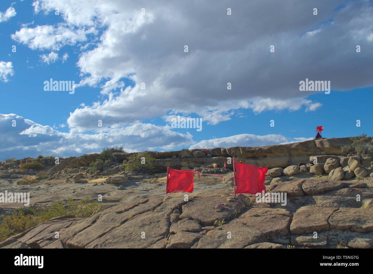 Red waving flags at a sactuary to the Gauchito Gil, a local saint and folk hero, in Neuquen, Argentinian Patagonia. Stock Photo