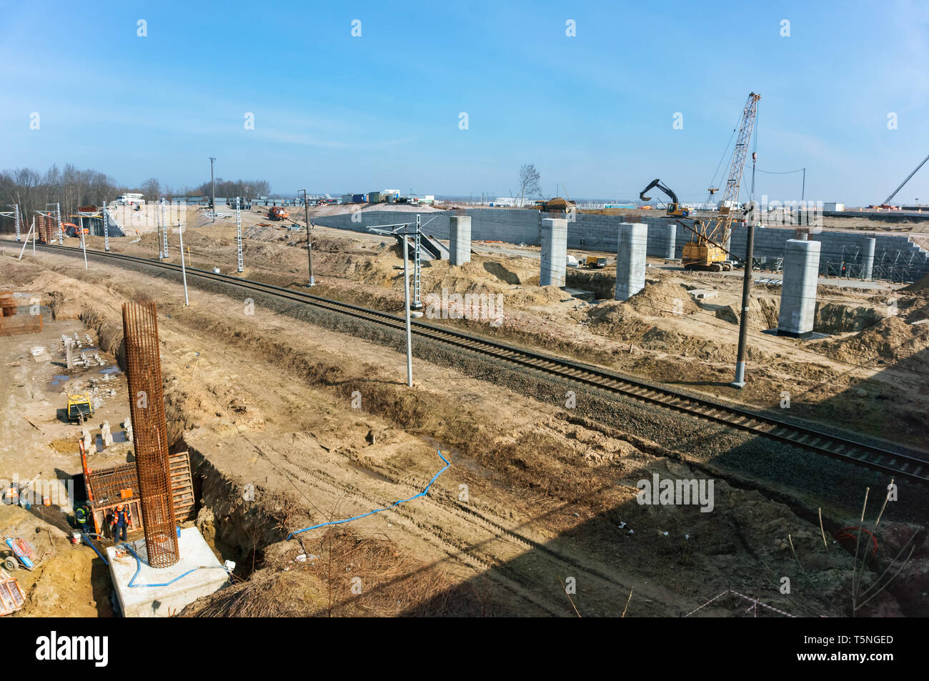 construction of road junctions in the region, construction of the Northern bypass road, Kaliningrad region, Russia, March 30, 2019 Stock Photo
