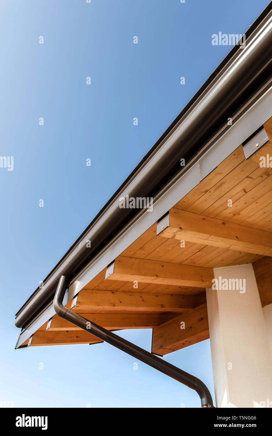 New wooden warm ecological house roof with steel gutter rain system ... - Eco-Friendly Roof Gutter Installation