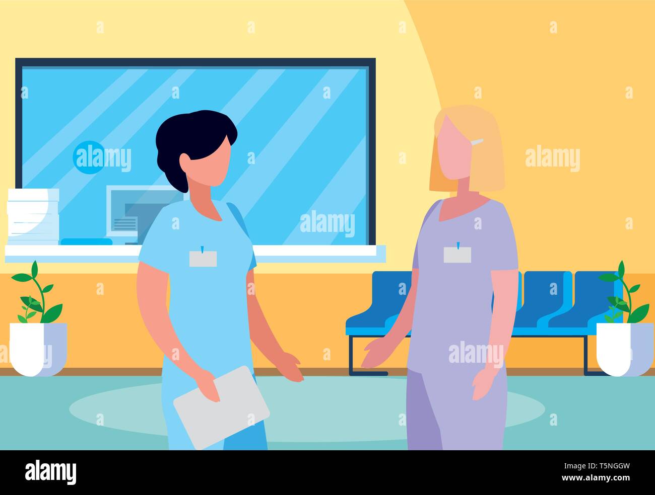female medicine workers in hospital reception vector illustration design Stock Vector