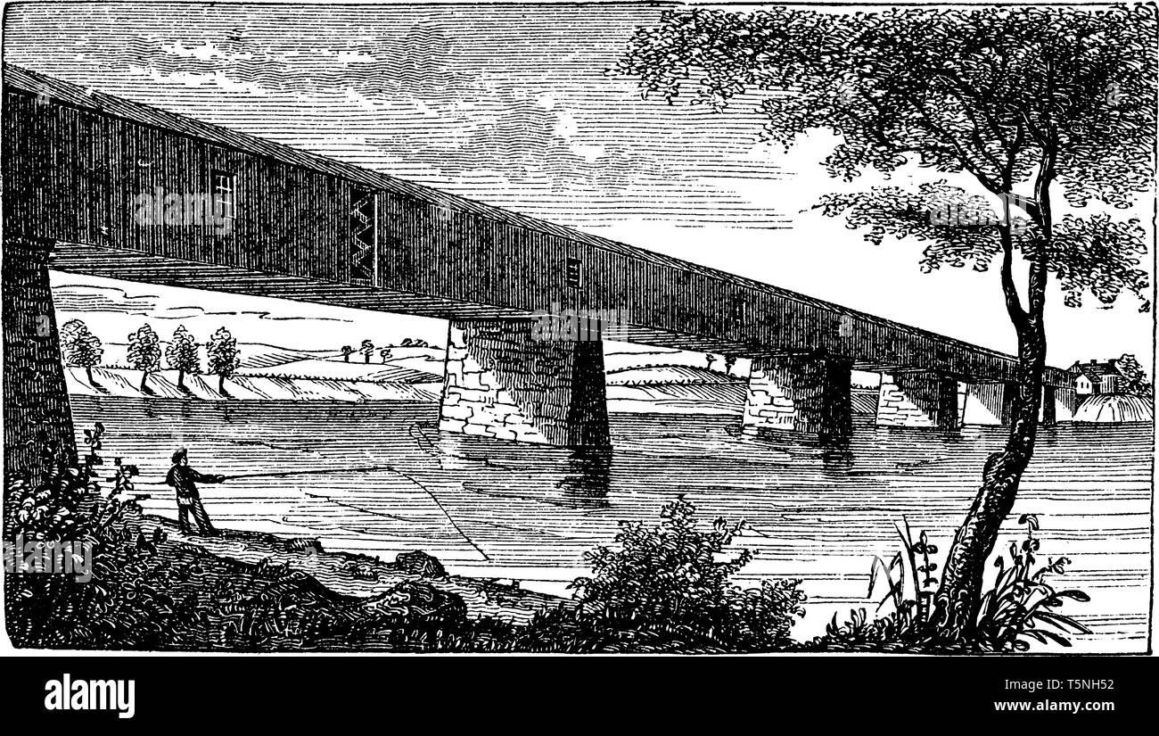 Great Bridge at McConkey Ferry which was the name for Allston Brighton before it separated from Cambridge in 1807, vintage line drawing or engraving i Stock Vector