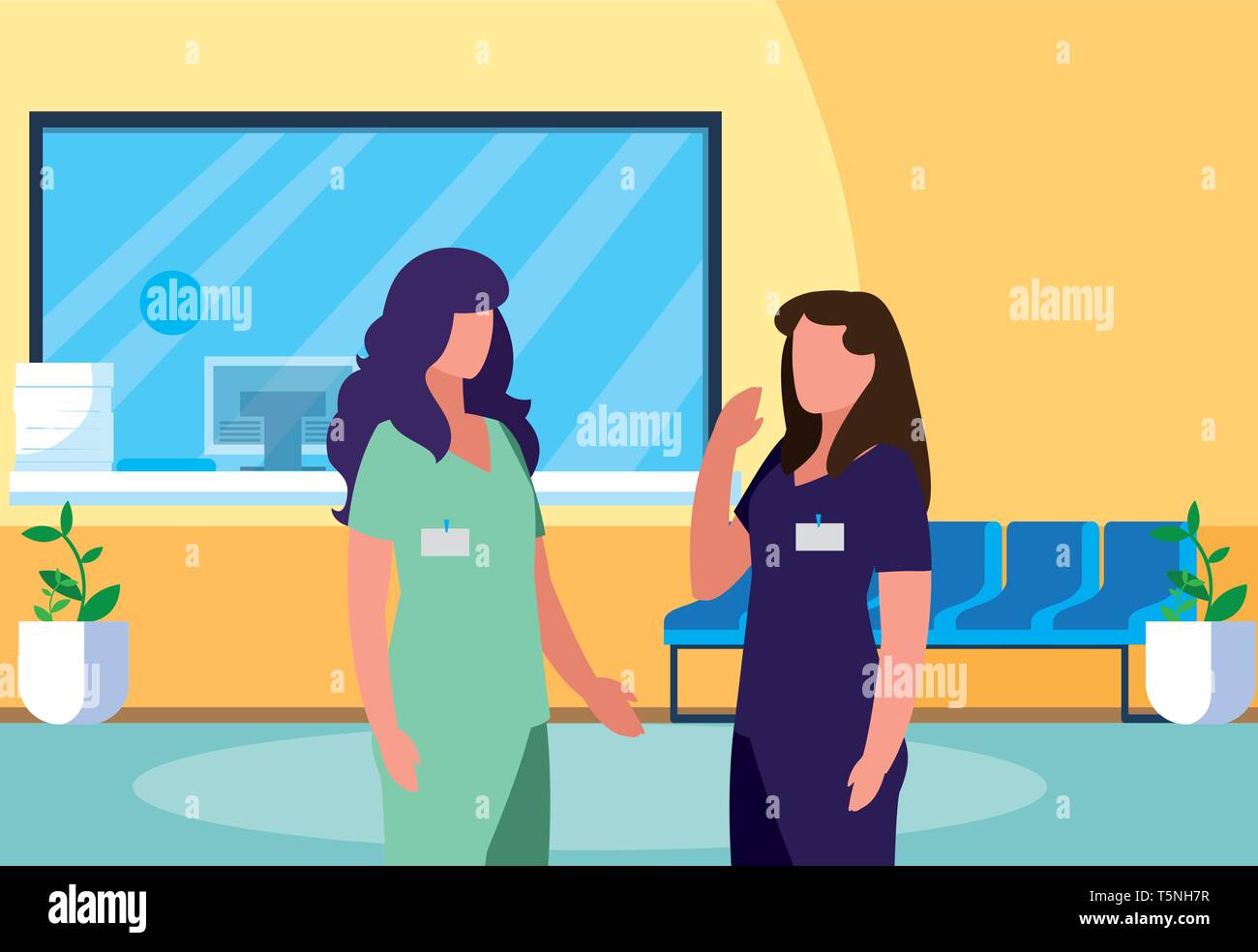 female medicine workers in hospital reception vector illustration design Stock Vector