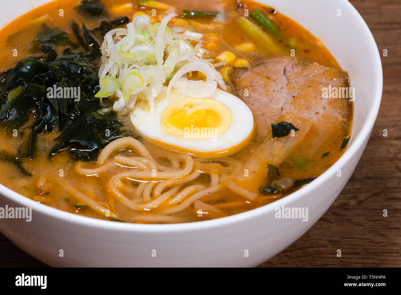 Ramen miso of Meat with pork, soy milk, pork broth, black mushrooms, eggs, onions, corn, carrots