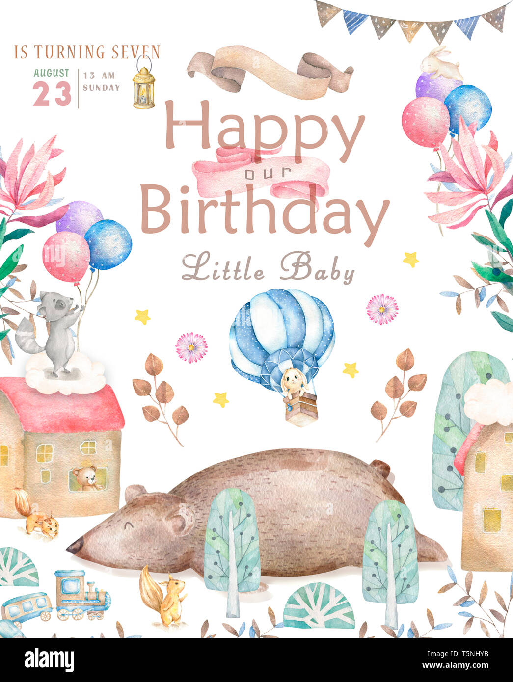 Watercolor isolated cute watercolor Bunny clipart. Nursery rabbit  illustration. Baby poster. Trendy pink cartoon animal. Birthday invite card  Stock Photo - Alamy