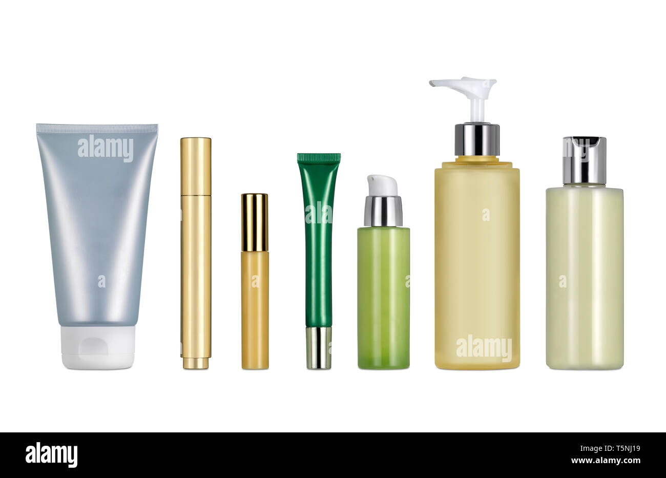 Different cosmetics and creams containers against white background