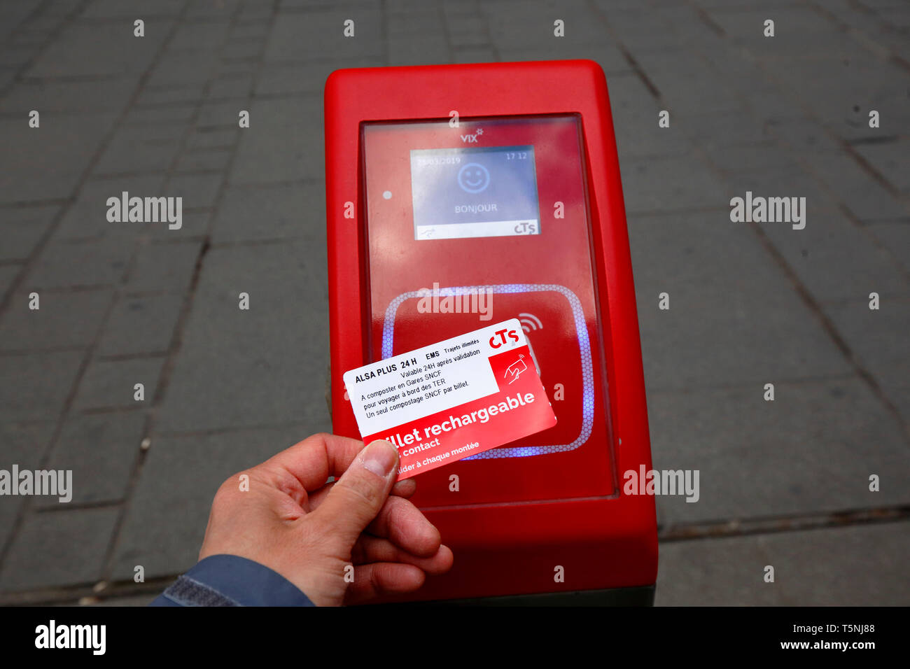 Fare card and contactless card reader for the Strasbourg metro, France Stock Photo