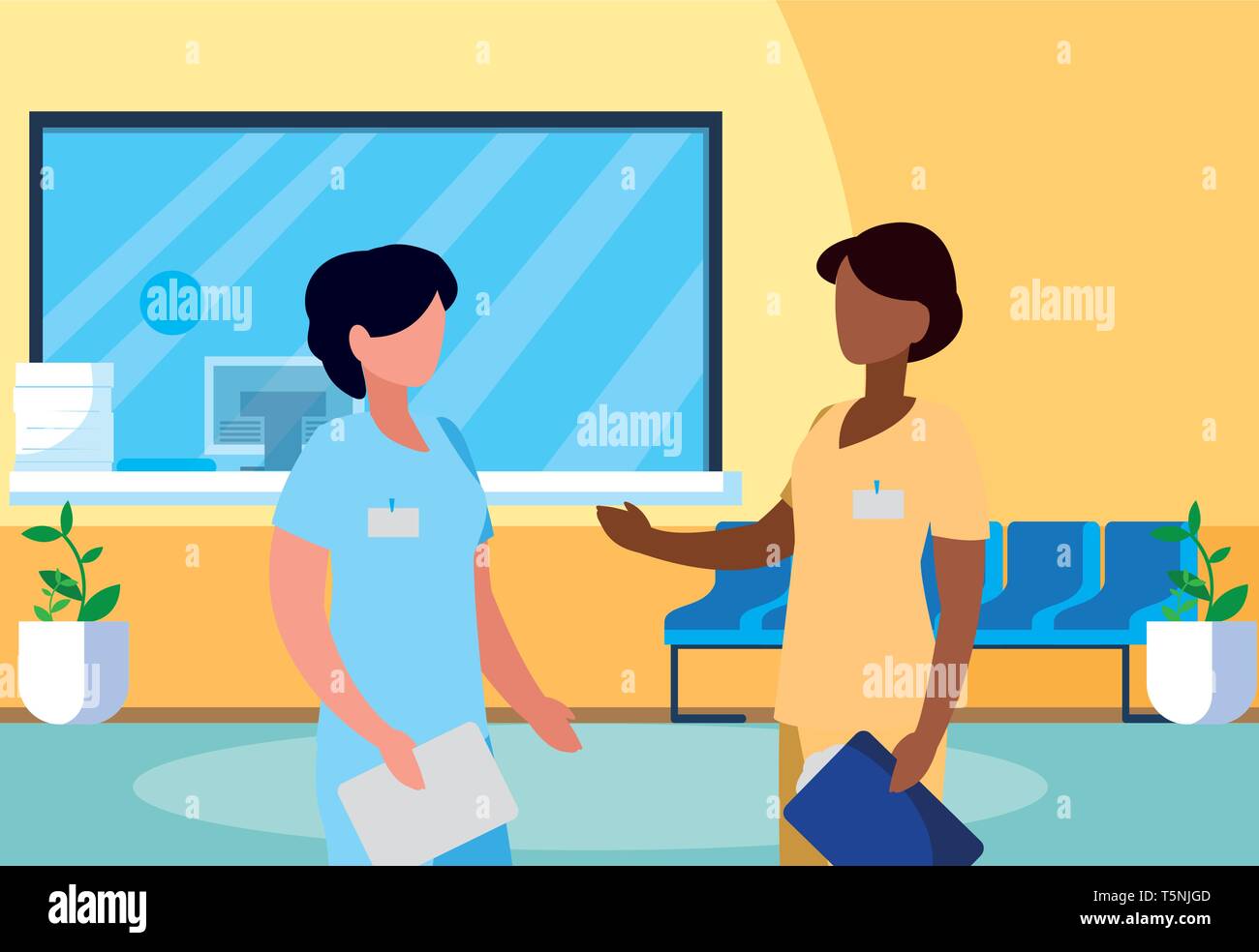 interracial female medicine workers in hospital reception vector illustration design Stock Vector