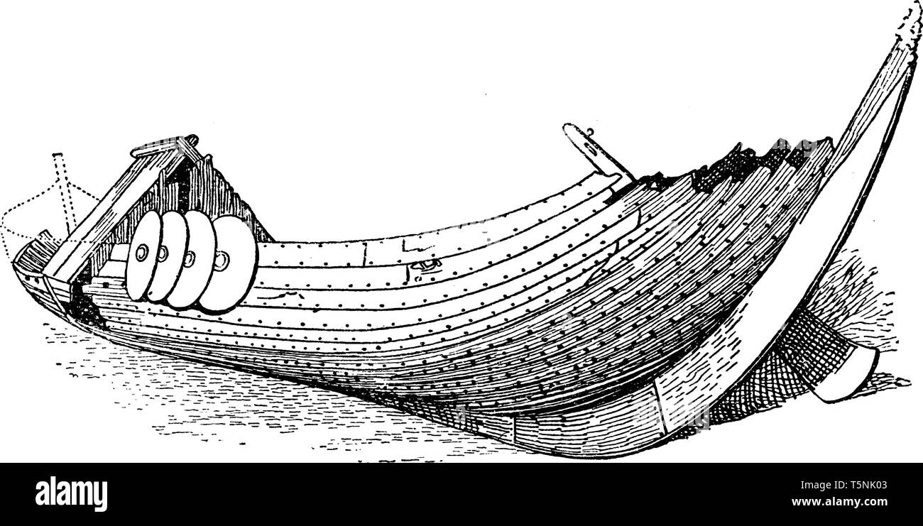 A Viking Ships were marine vessels of unique design built by the Vikings during the Viking Age, vintage line drawing or engraving illustration. Stock Vector