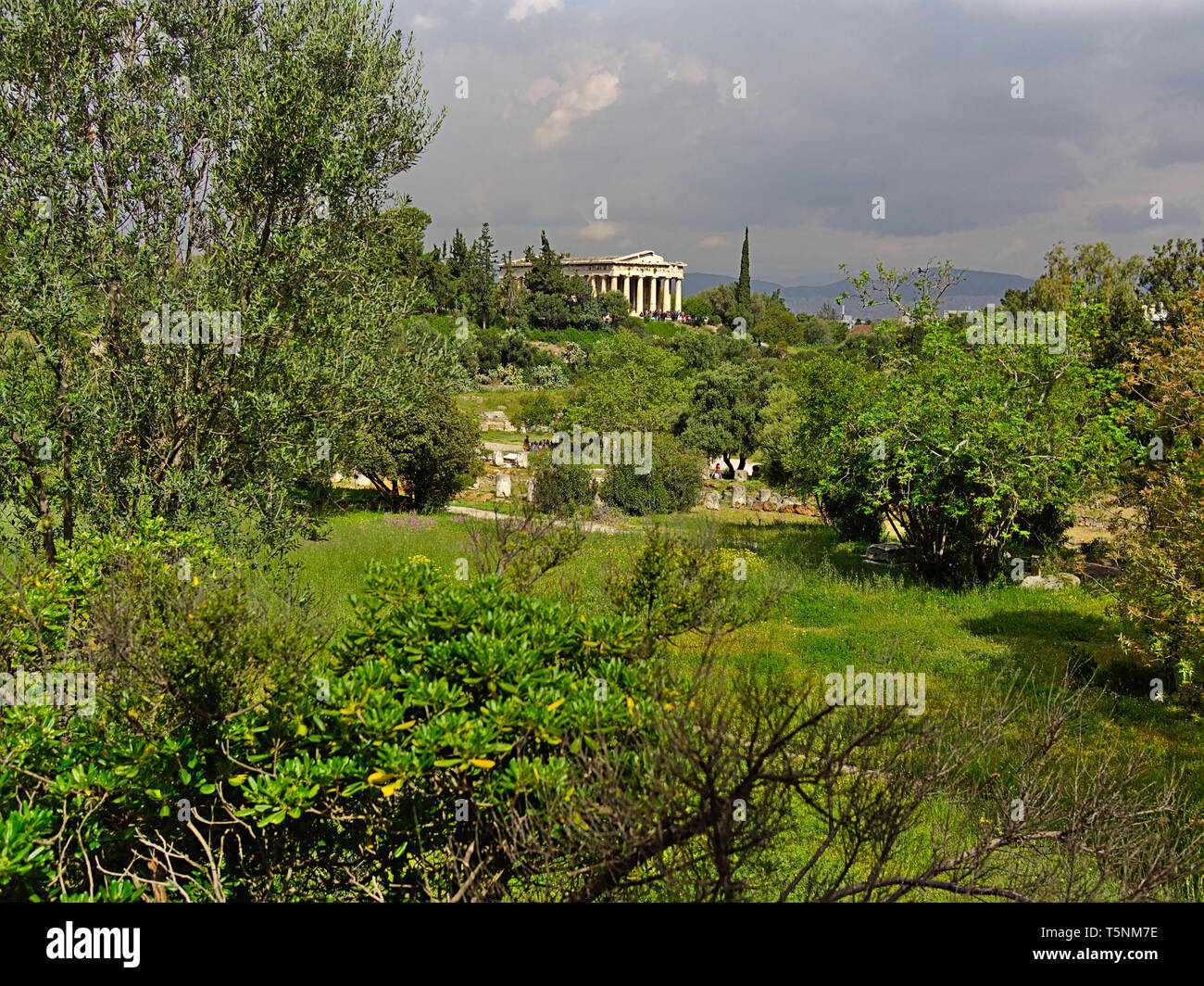 Temple of Hephaestus in Athens, Greece. Landscape with olive trees cloudy sky, bright light, and ancient greek temple. Stock Photo