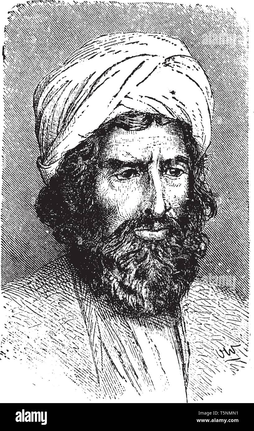 Afghan male with traditional headpiece, vintage line drawing or engraving illustration Stock