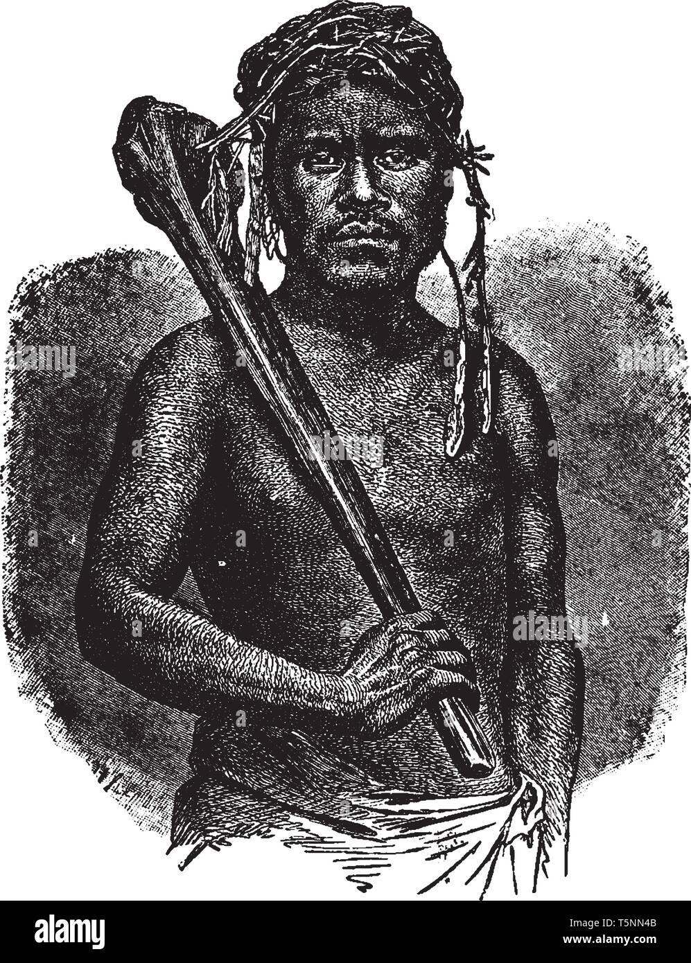 Feejee Cannibal is a member of the tribe of cannibals in Polynesia, vintage line drawing or engraving illustration. Stock Vector