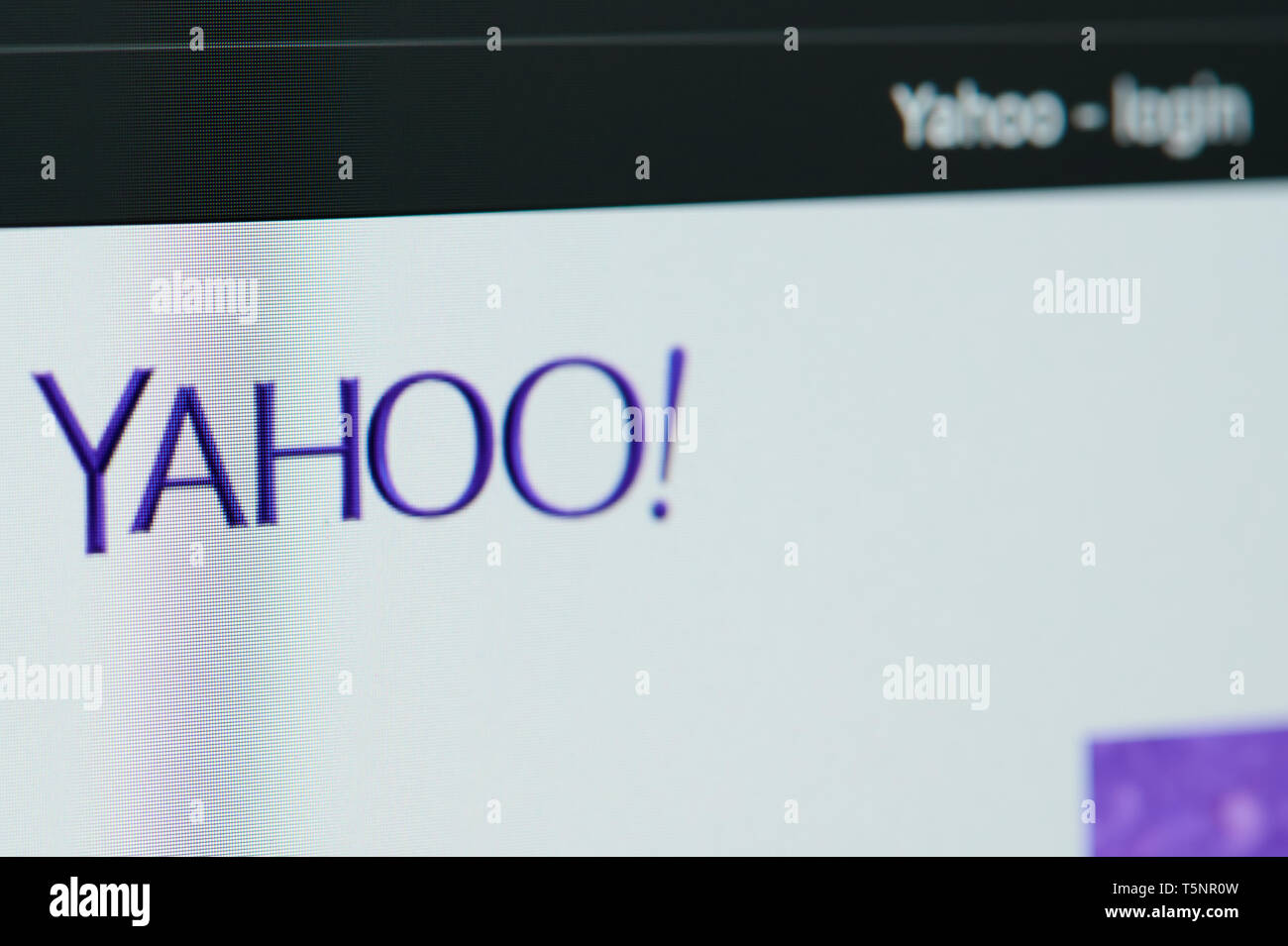 New york, USA - april 22, 2019: Yahoo home page on laptop screen close up Stock Photo