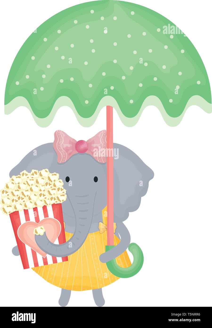 cute female elephant with umbrella and pop corn vector illustration