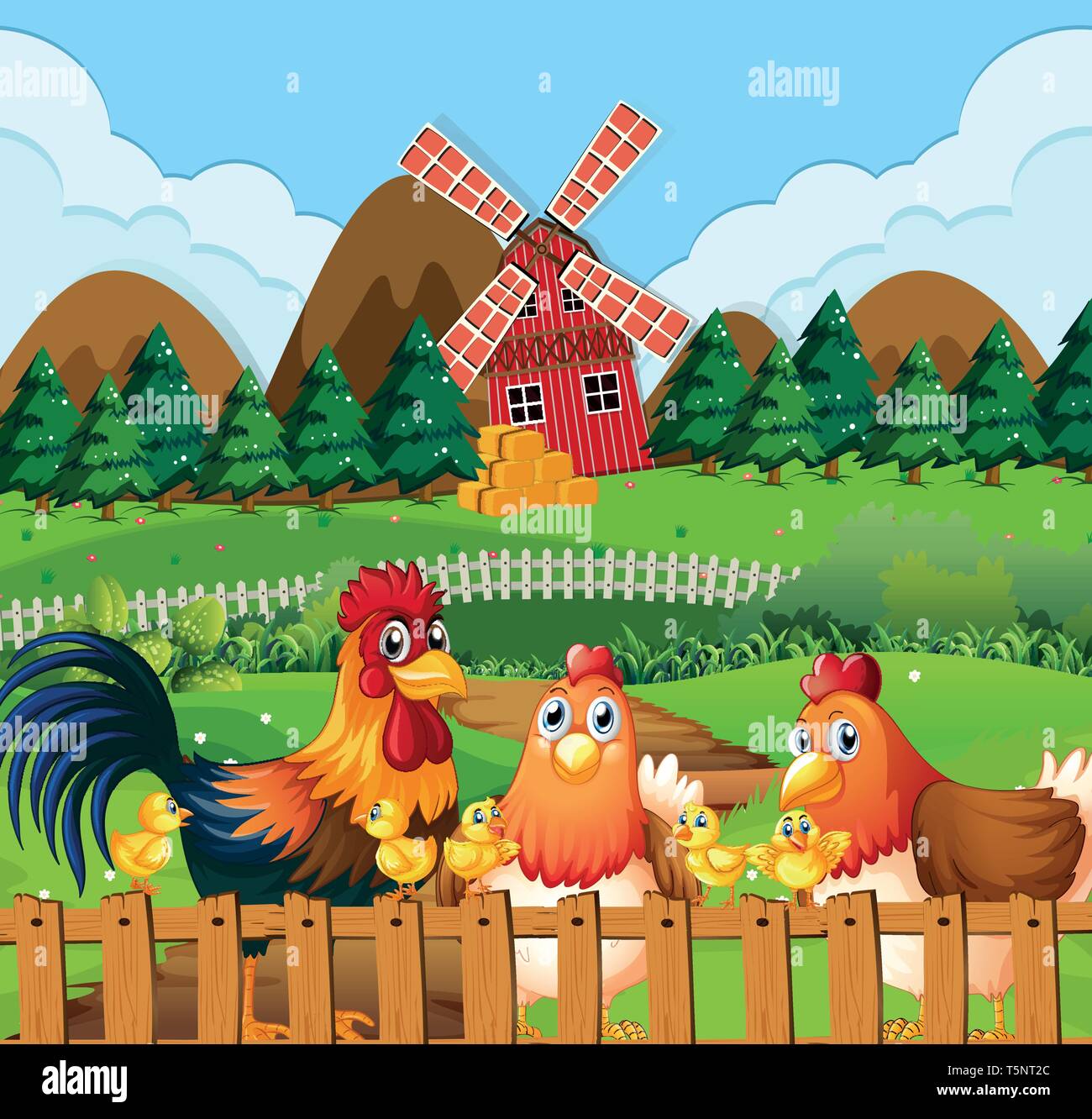 Chicken family at farmland illustration Stock Vector