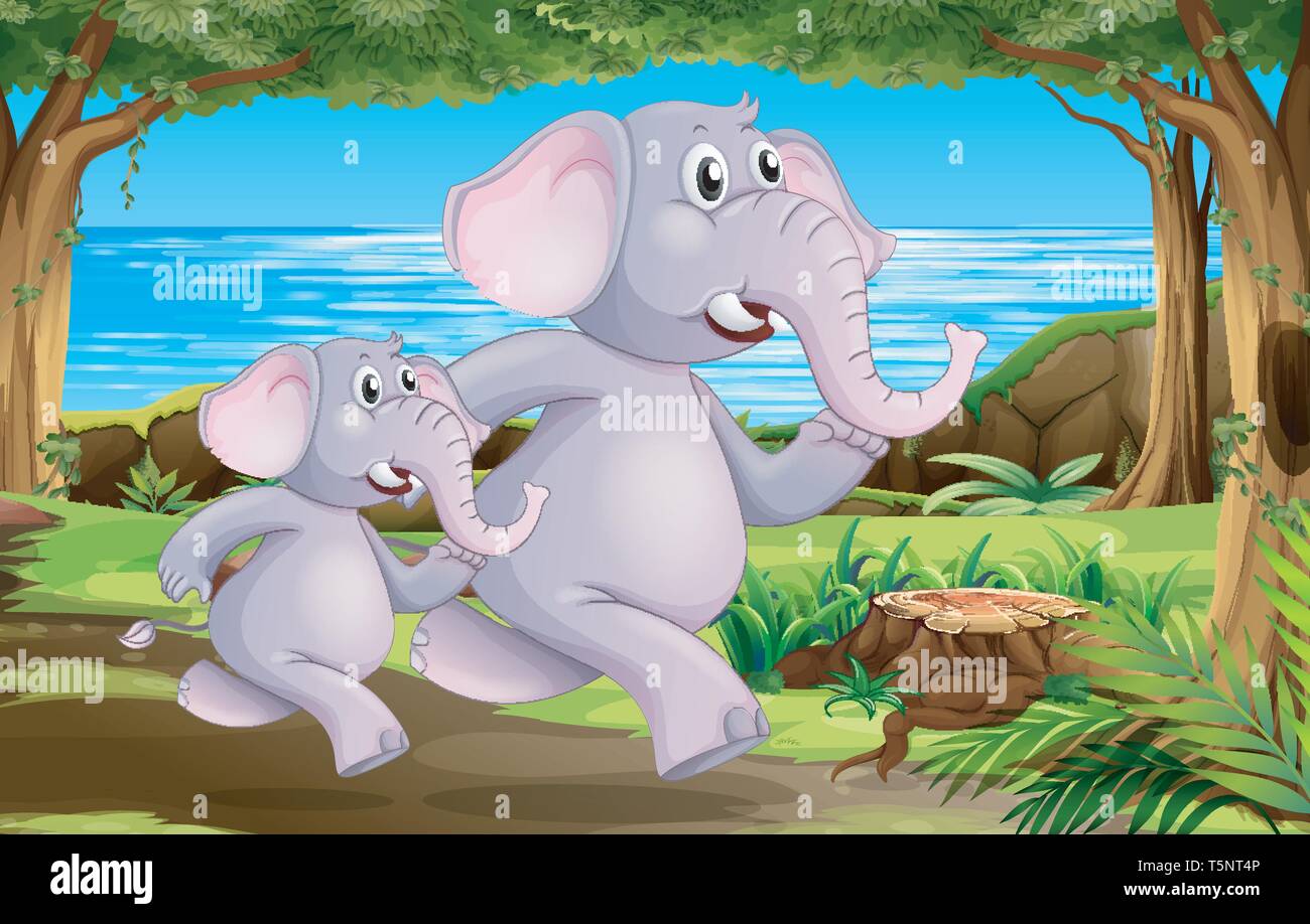 Elephants in nature scene illustration Stock Vector