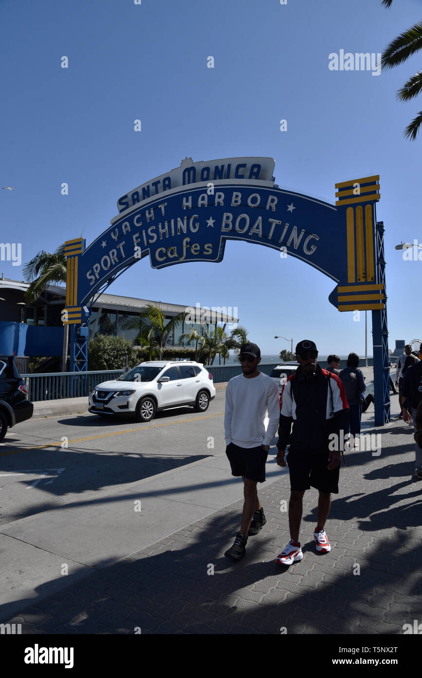 LOS ANGELES, CA/USA  - APRIL 11, 2019: The iconic Santa Monica Pier sign at the entrance to the pier Stock Photo