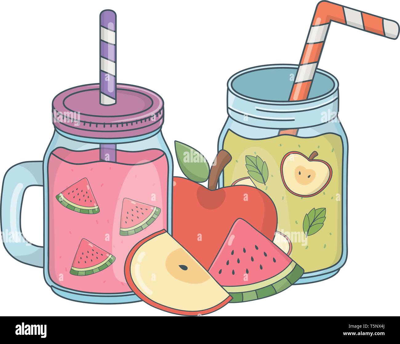 delicious tasty fresh fruits masons jars juices cartoon vector