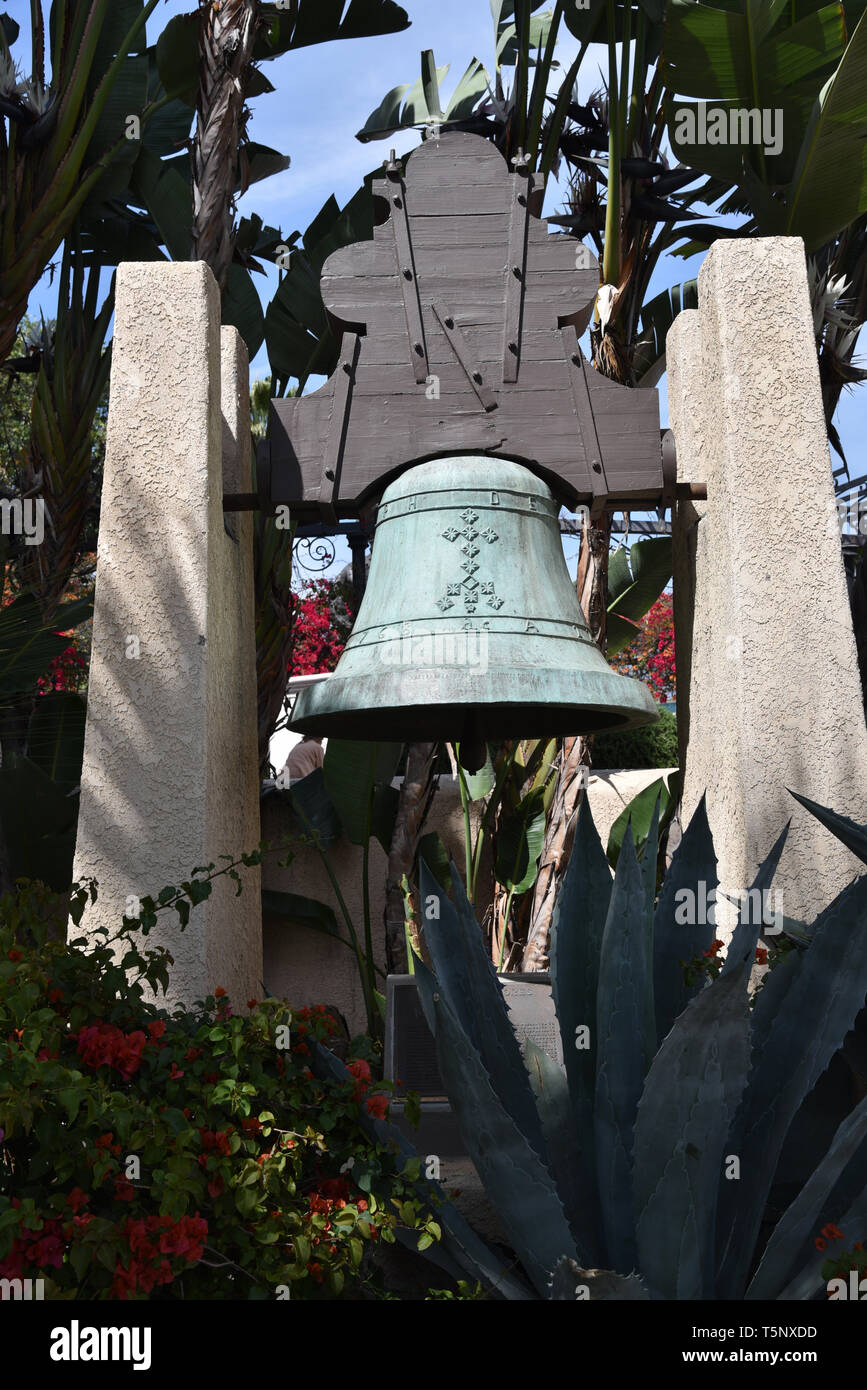 LOS ANGELES CA USA APRIL 14 2019 Replica Of The Bell Of Dolores los-angeles-ca-usa-april-14-2019-replica-of-the-bell-of-dolores