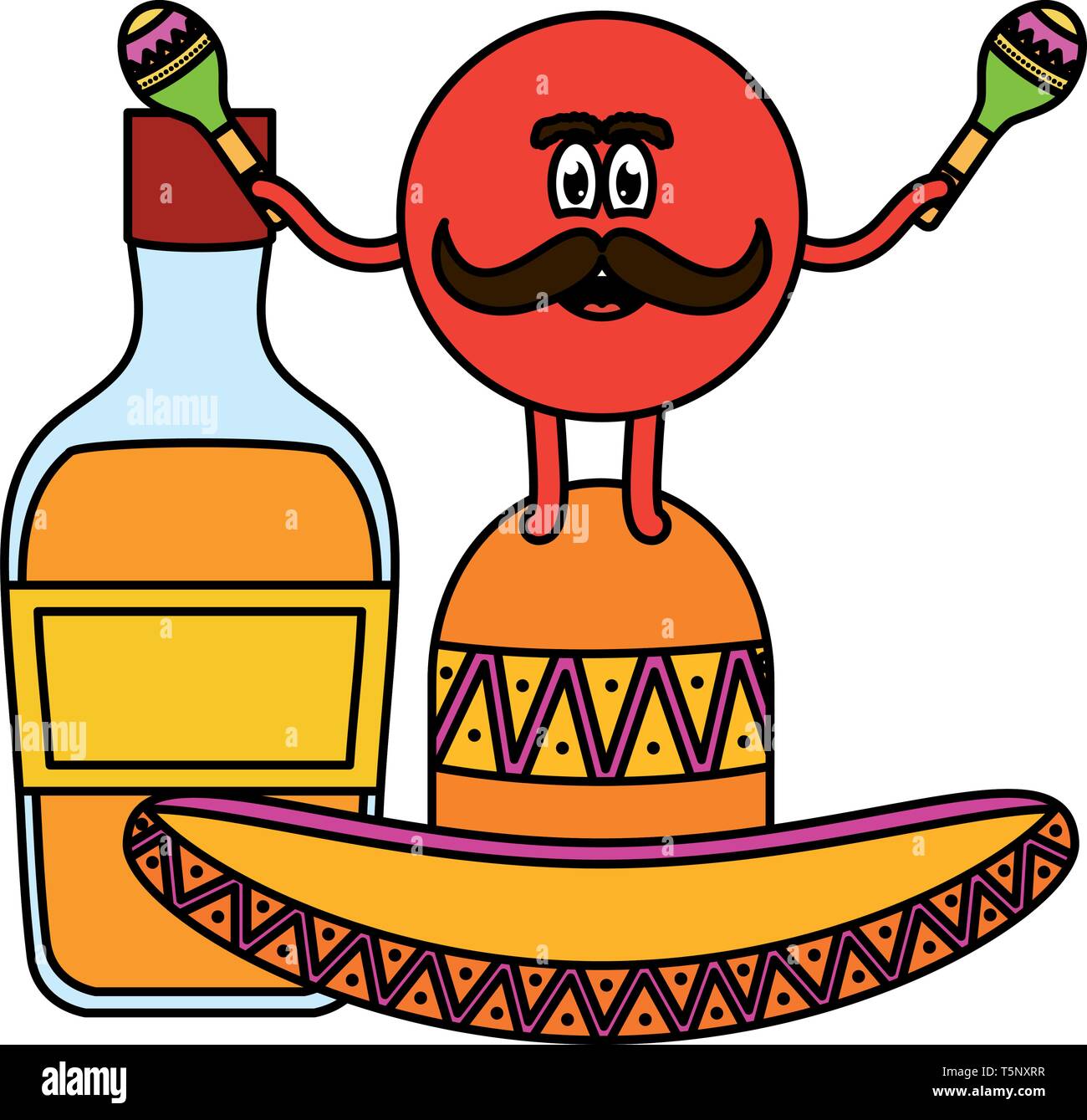 mexican emoji with hat and tequila bottle vector illustration design