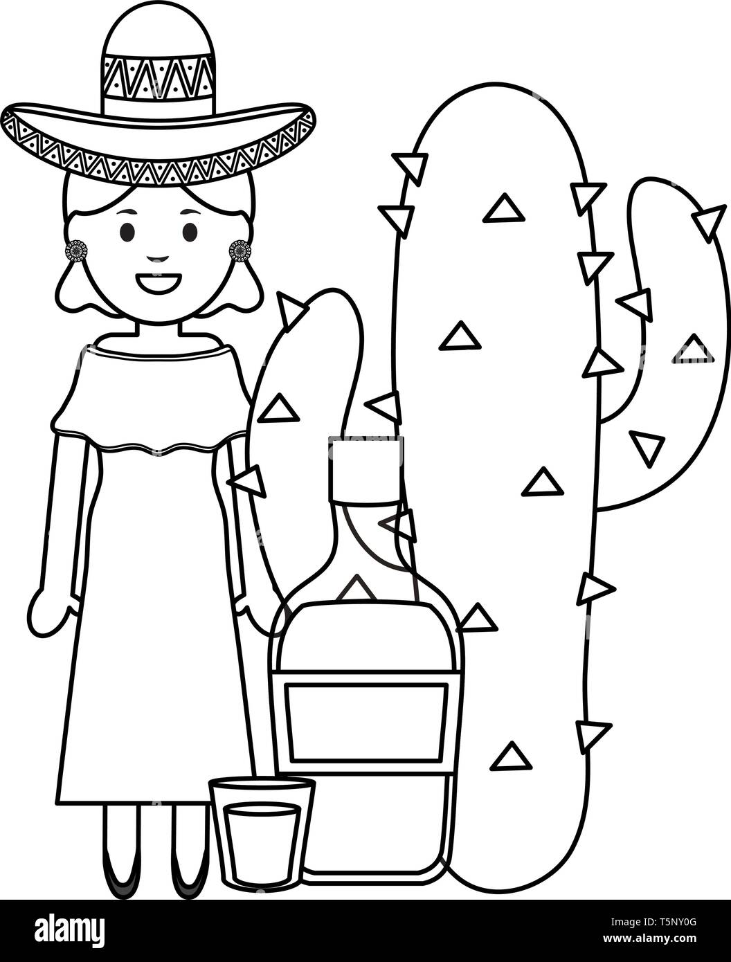 beautiful mexican woman with hat and tequila bottle vector illustration