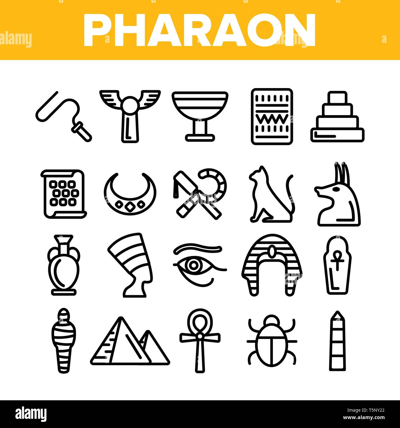Pharaoh, Egypt King Vector Thin Line Icons Set Stock Vector