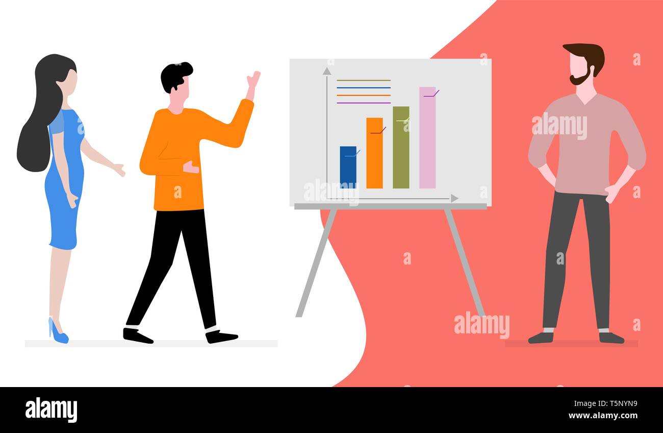 Vector illustration with people having business meeting. People discuss and make decisions background. Presentation, partnership. Brainstorming concep Stock Vector