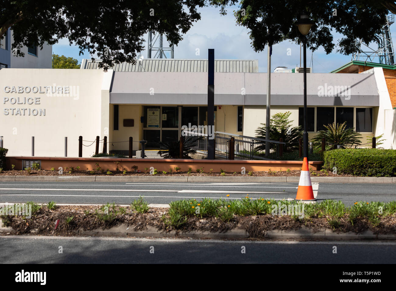 Exterior of Caboolture Police Station cordoned off with traffic cones Stock Photo