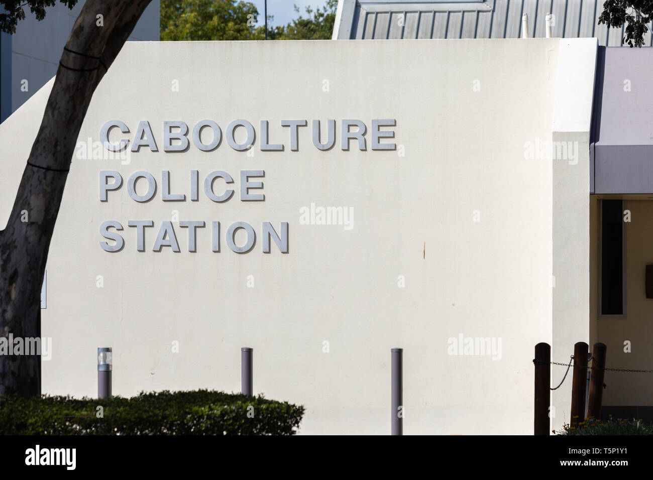 Exterior of Caboolture Police Station cordoned off with traffic cones Stock Photo