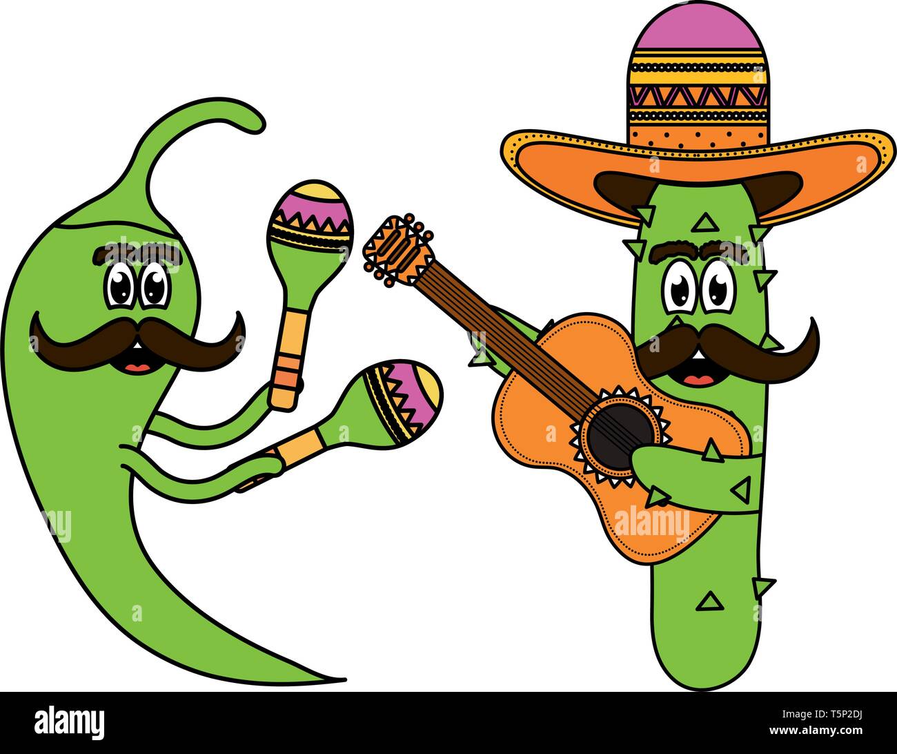 mexican cactus and chilli with hats and guitars comic characters vector ...