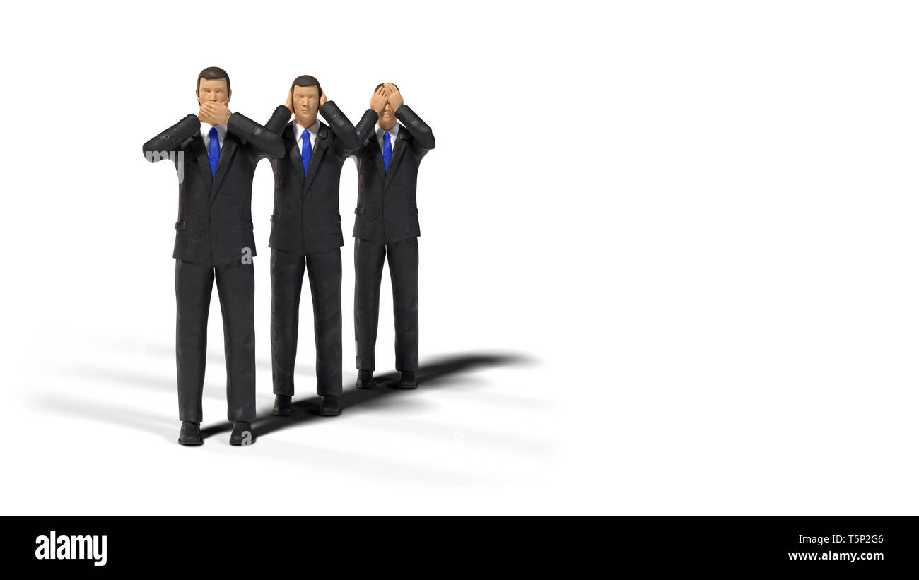 3 toy miniature figure businessmen in three wise monkeys pose isolated on white background (see no evil, hear no evil, speak no evil) Stock Photo