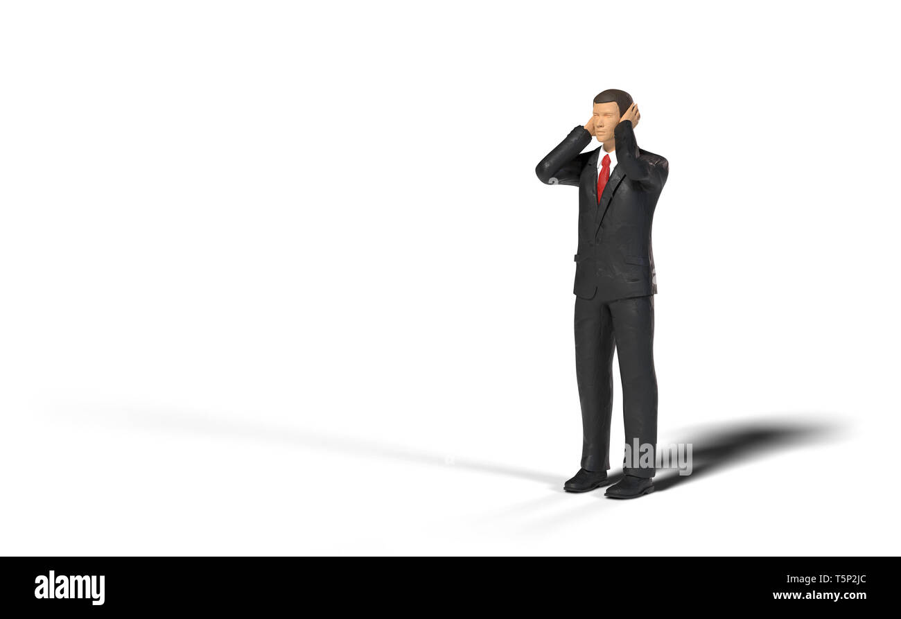 toy miniature businessman figure covering his ears in front of an empty space, concept isolated with shadow on white background Stock Photo
