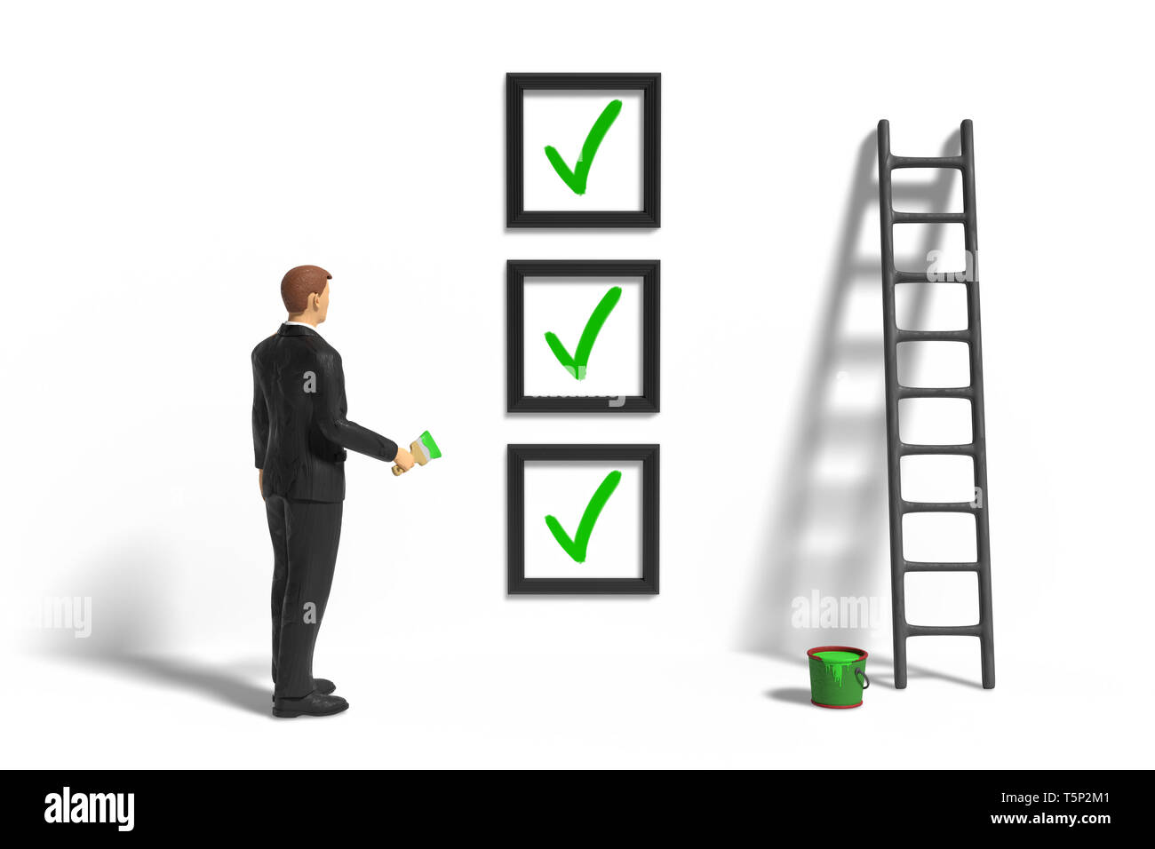 miniature figurine businessman character with checklist, ladder and green paint in front of a wall isolated on white background Stock Photo