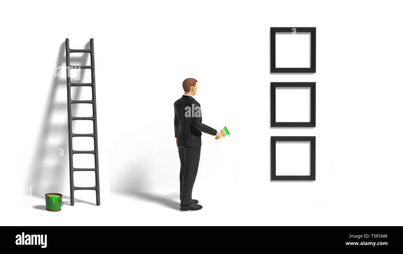 miniature figurine businessman character with checklist, empty frames, ladder and green paint in front of a wall isolated on white background Stock Photo