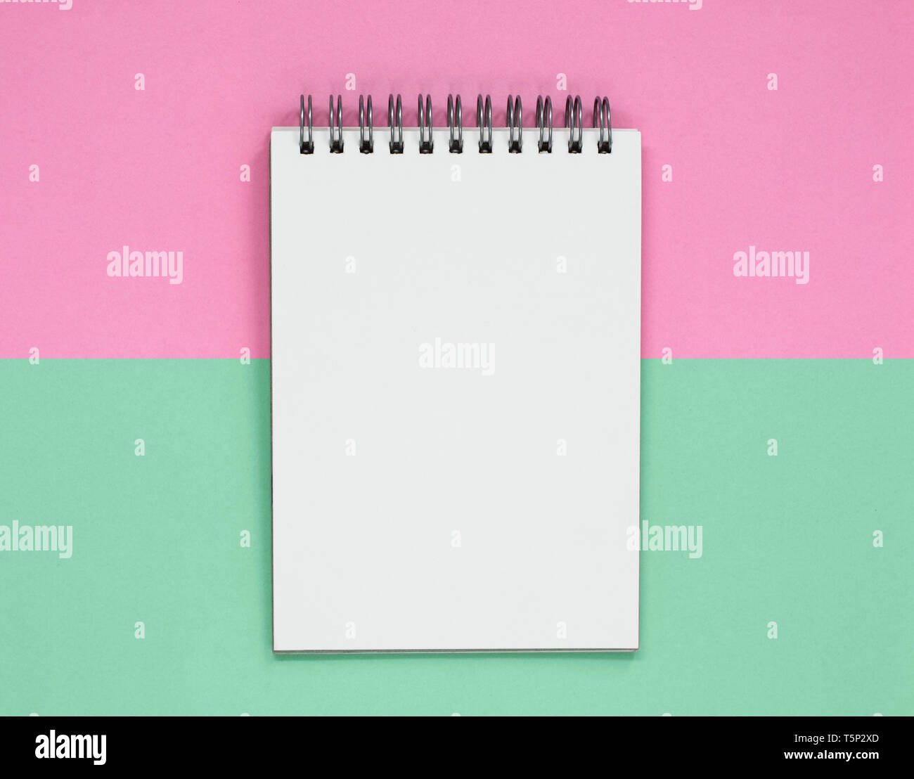 Open spiral notepad on a pink and green background. Flat lay with copy space. Stock Photo