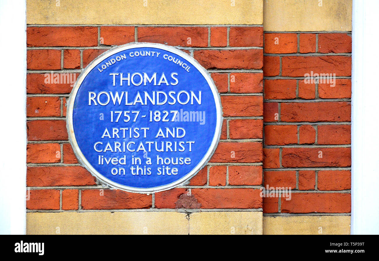 London, England, UK. Commemorative Blue Plaque: Thomas Rowlandson 1757-1827 artist and caricaturist lived in a house on this site. 16 John Adam Street Stock Photo