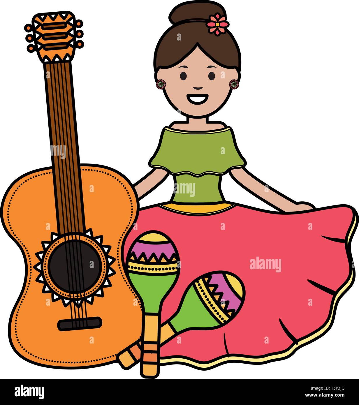 beautiful mexican woman with guitar and maracas vector illustration ...
