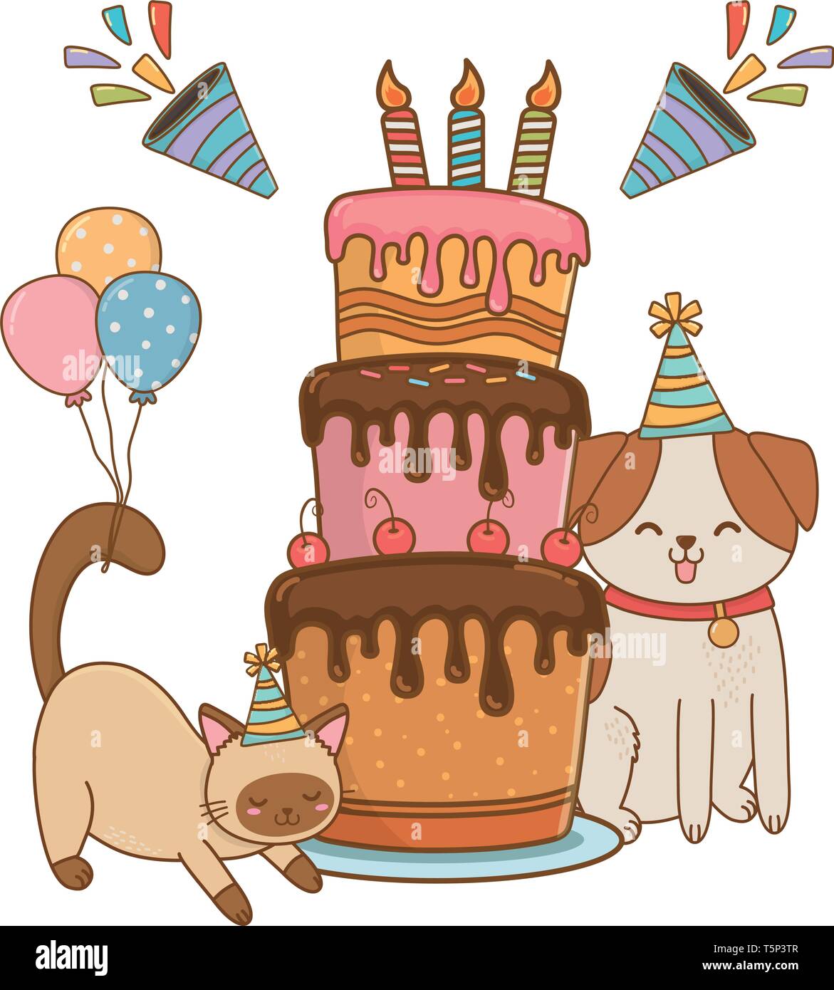 cute pet little animals birthday party concept cartoon vector ...