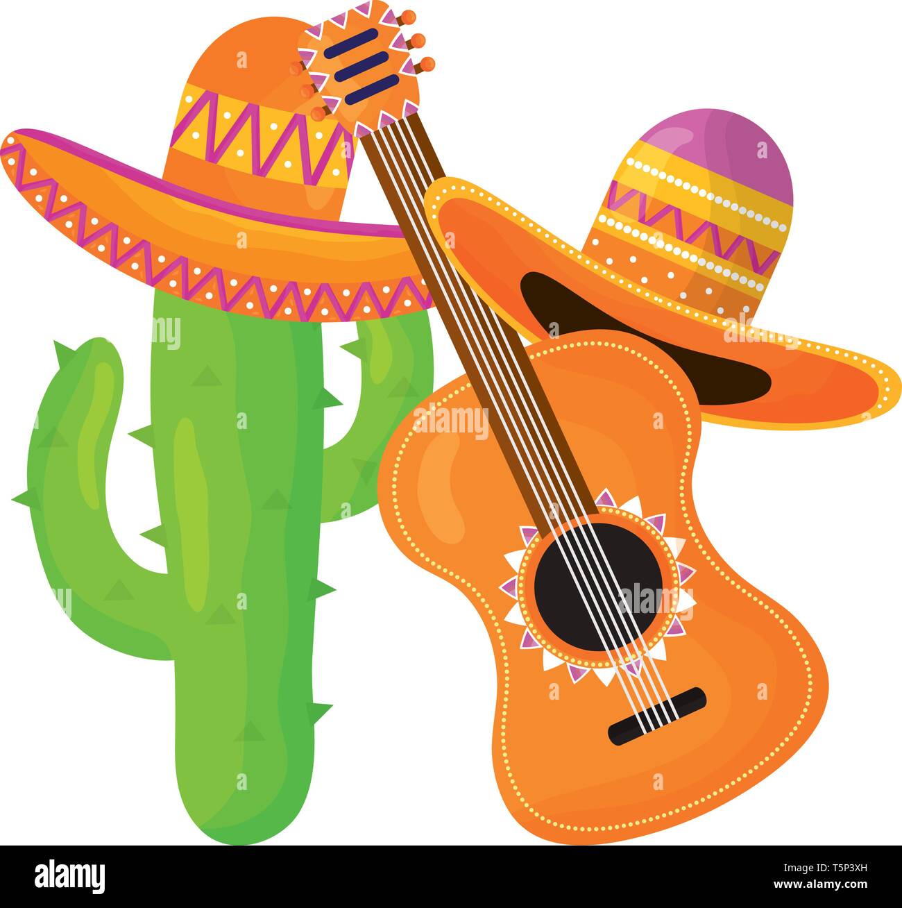 cactus plant with mexican hat and guitar vector illustration design ...