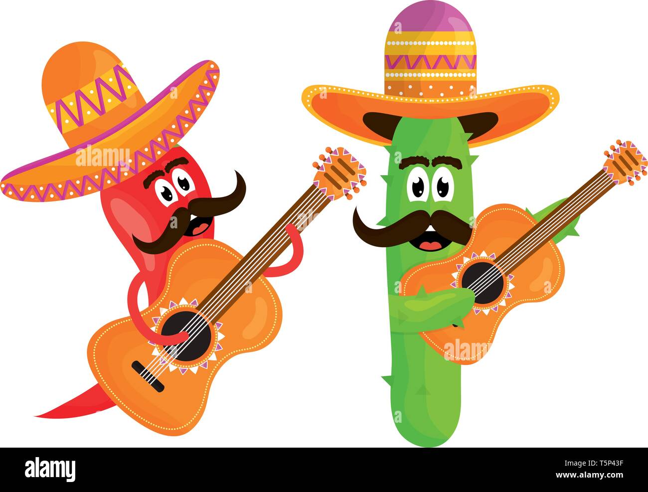 mexican cactus and chilli with hats and guitars comic characters vector ...