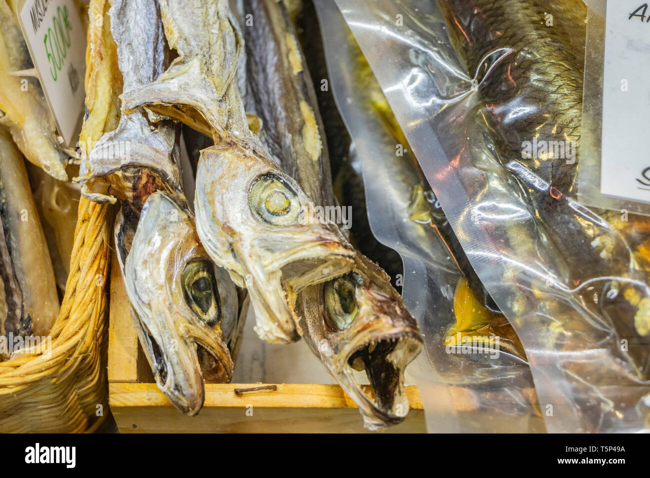 various smoked fish for sale in Central Market Valencia including