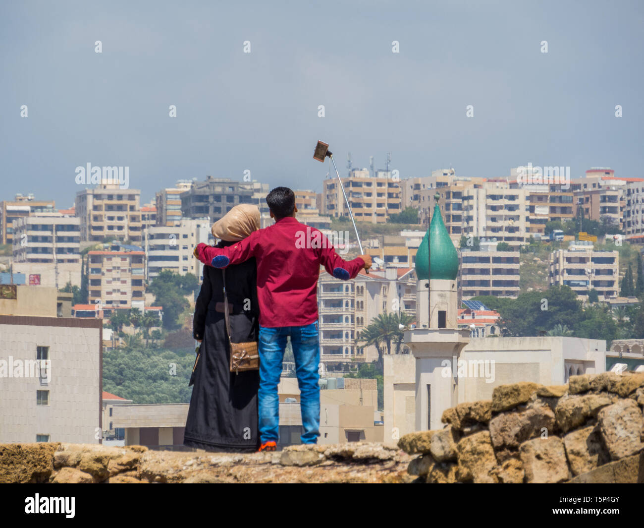 Couple taking selfie in Sidon, Lebanon Stock Photo