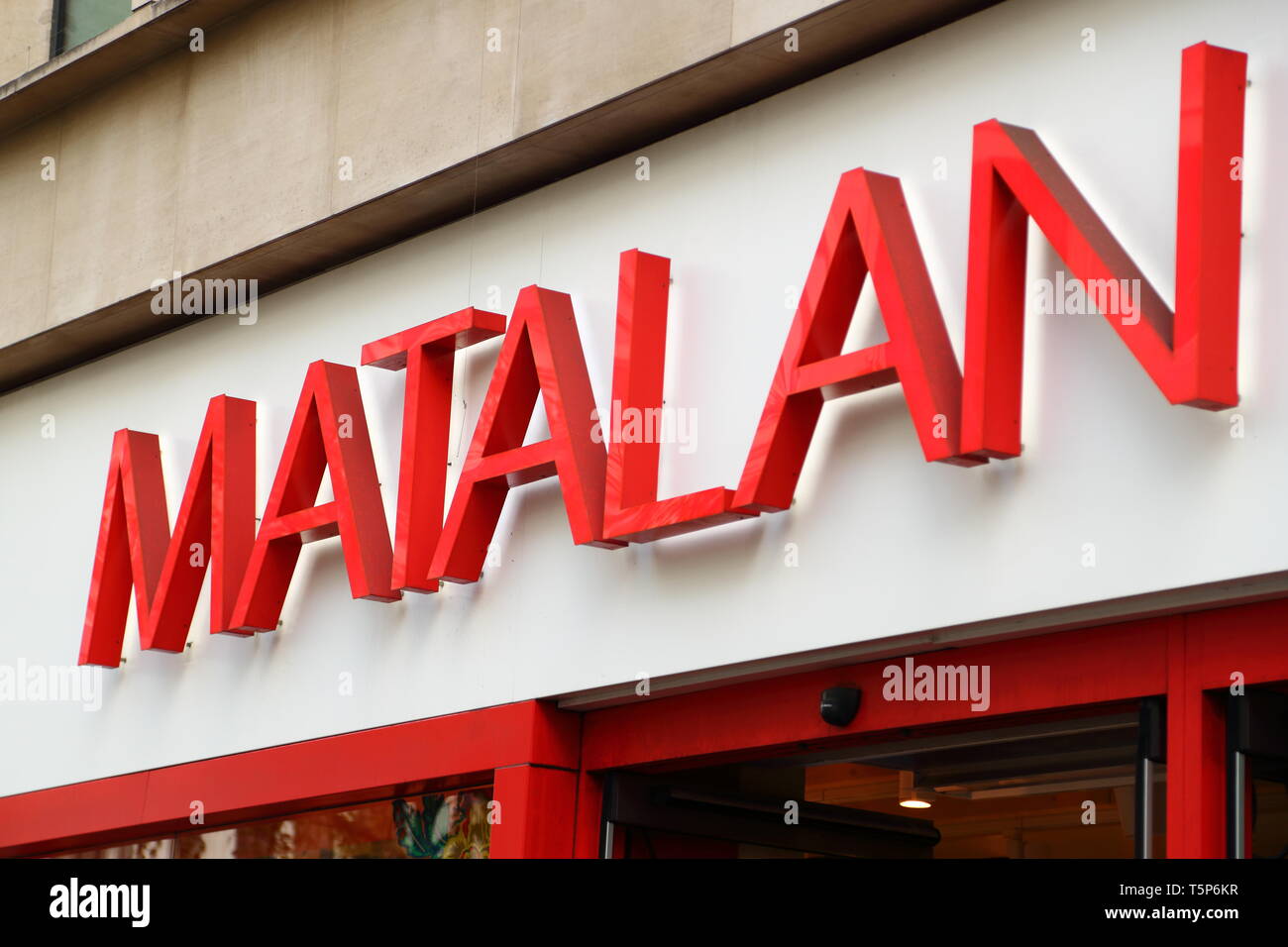 Matalan sign above a Matalan shop in Oxford Street, London, UK Stock Photo