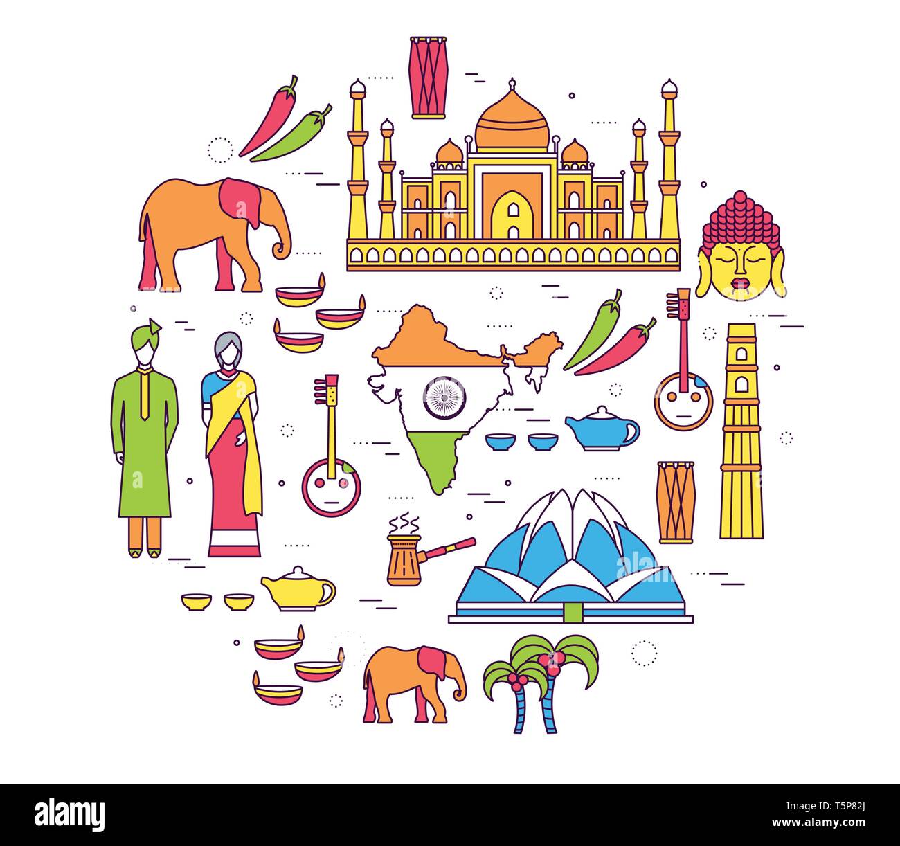 Country India travel vacation guide of goods, place and feature. Set of  architecture, fashion, people, item, background concept. Circle traditional  ethnic flat, outline, thin line icon Stock Vector Image & Art 