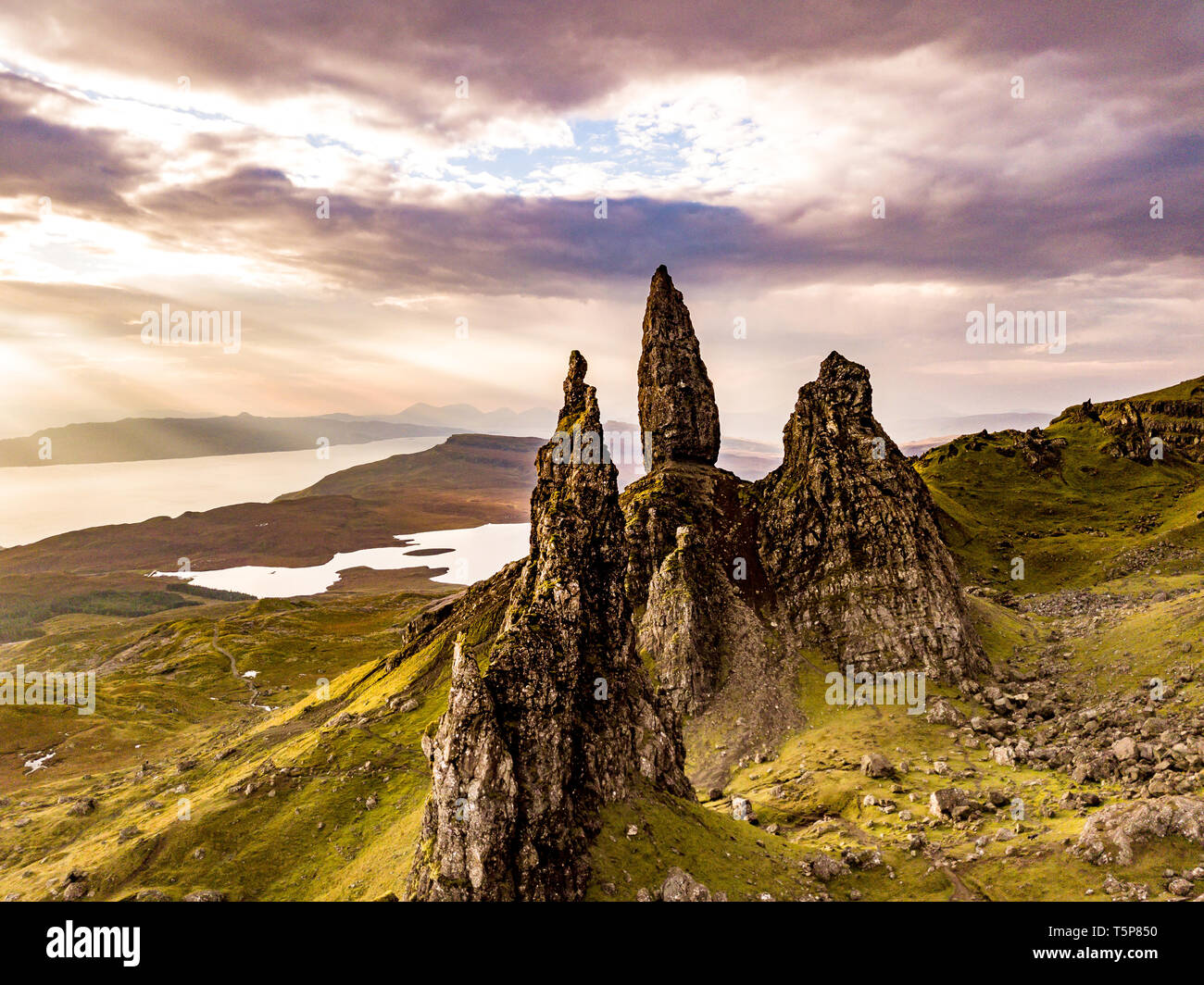 Aerial view of the Old Man of Storr and the Storr cliffs on the Isle of Skye in autumn, Scotland