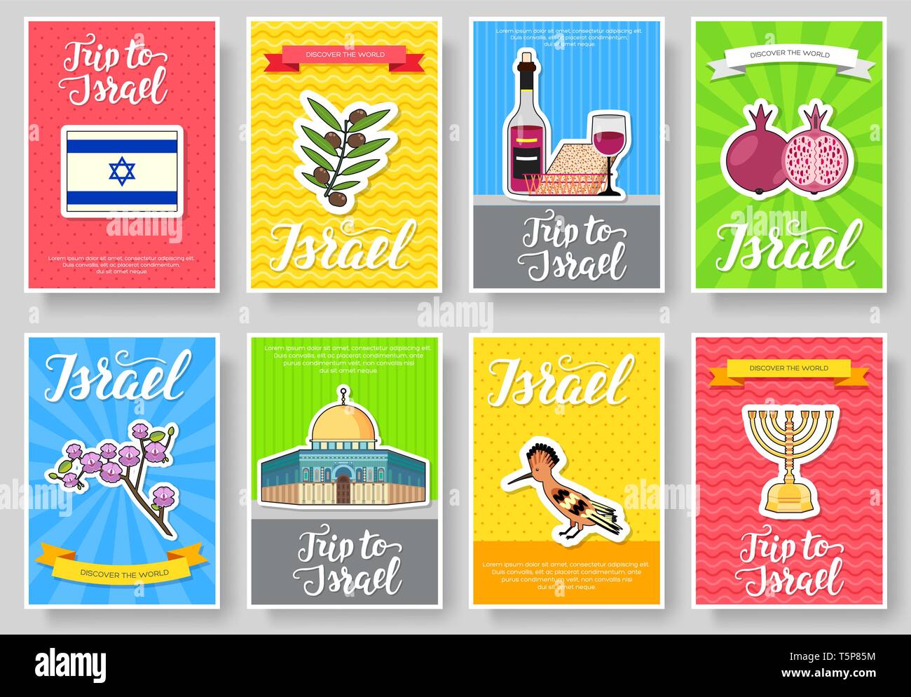 Set of Israel country ornament travel trip concept. Art traditional, magazine, book, poster, abstract, banners, element. Vector decorative ethnic greeting card or invitation ..sticker design background Stock Vector