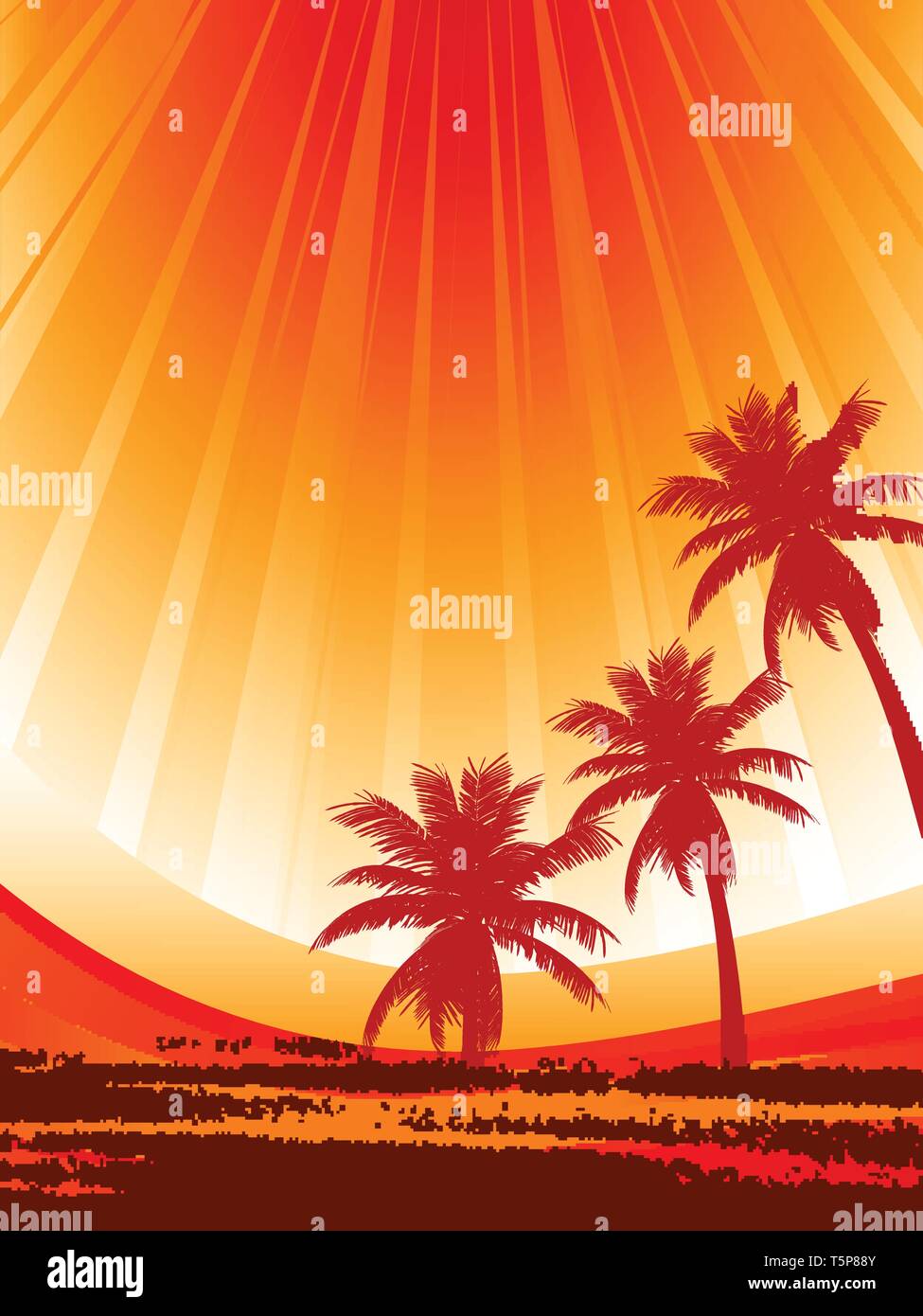Abstract Silhouette of Palm Trees Over Yellow and Red Sunny Summer Background Stock Vector