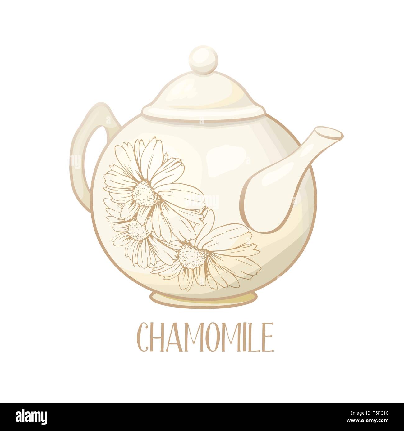 Porcelain or Ceramic Teapot Service. Mint Tea Leaves and Chamomile Flowers. Green Tea Cup. Isolated and Detailed Herbal Therapy Vector Illustration. Banner Design, Restaurant Menu, English Breakfast. Stock Vector